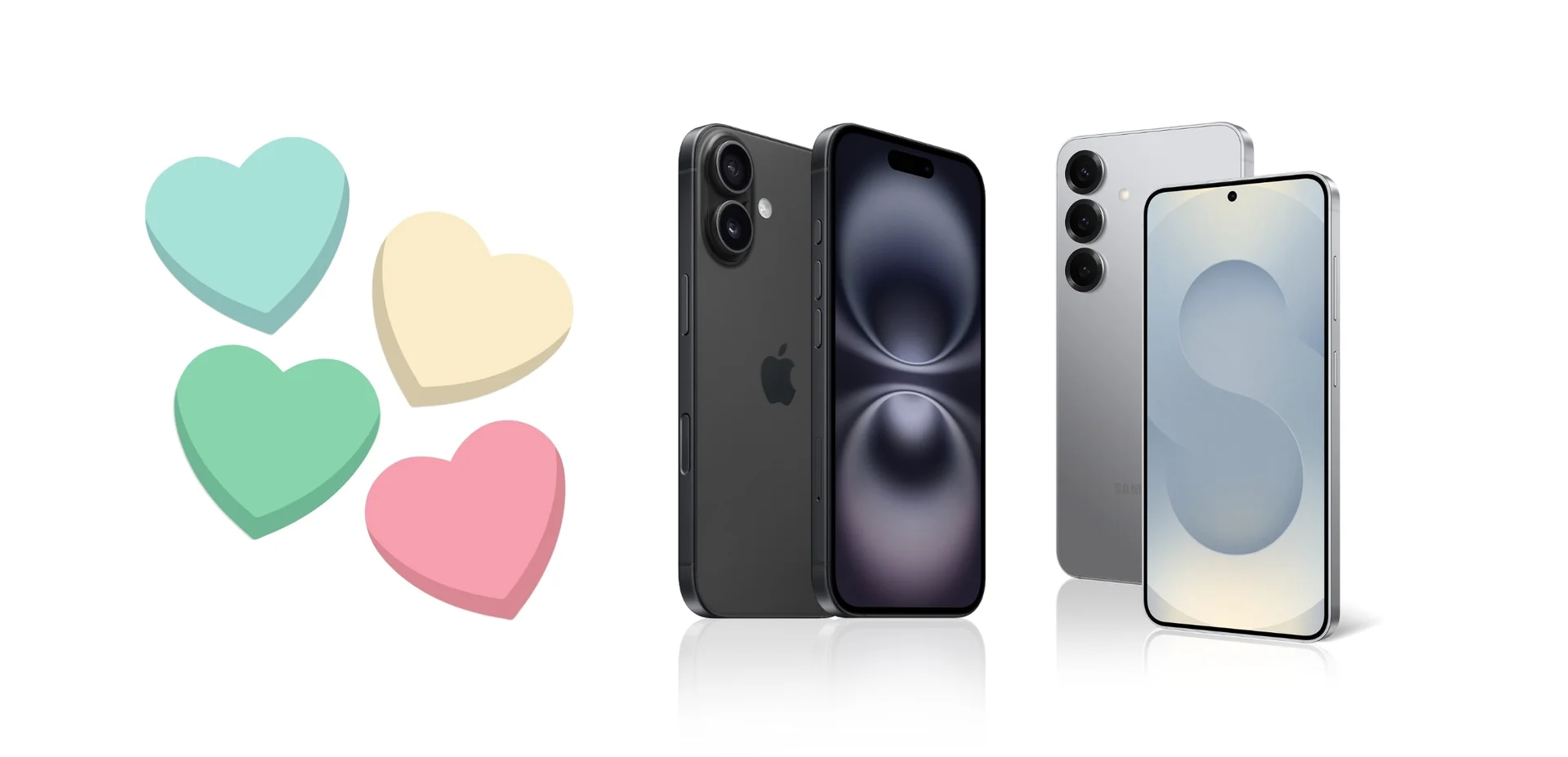 Neon blue, yellow and pink candy hearts surround a silver Galaxy S25 and iPhone 16 on a pink background.